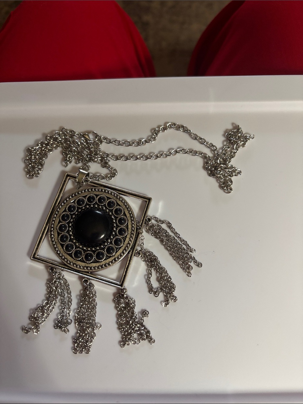 Silver-Tone Black Stone Fringe Pendant Necklace